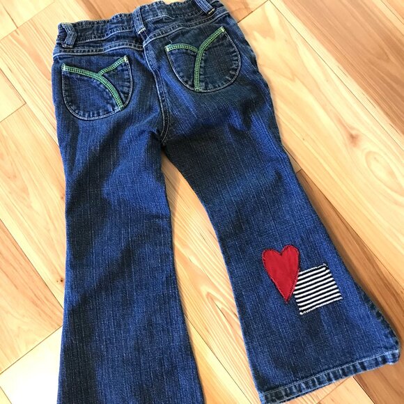Upcycled Patchwork Jeans, Child's Size 5: Handmade Heart Patches Front and Back - Picture 11 of 16